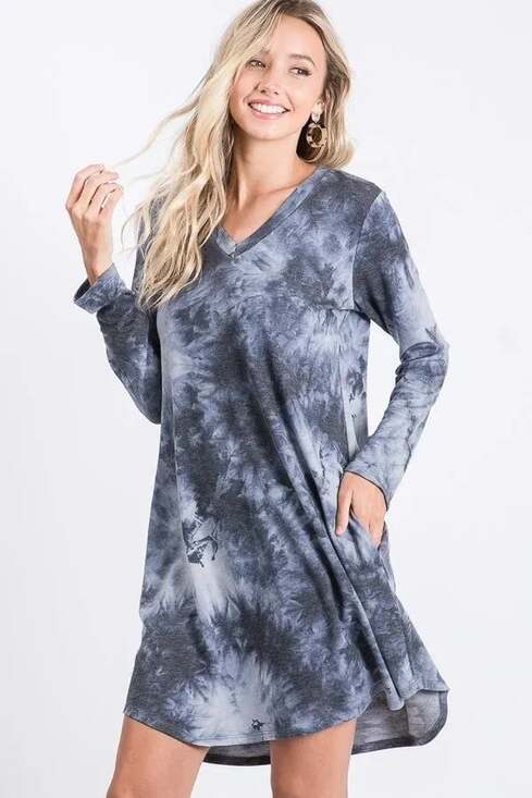 Heimish U.S.A. Dresses & Skirts - Heimish U.S.A. Long Sleeve Tie-Dye V-Neck Swing Tunic Dress with Pockets (CB1)
